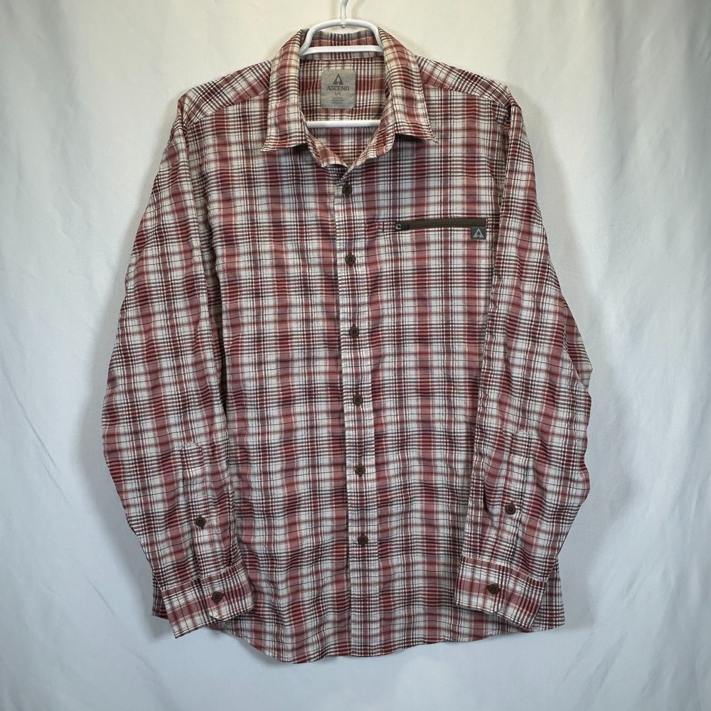 Ascend Mens Large Hiking Shirt Plaid Button Up Outdoor Fishing‎ Zip Polyester